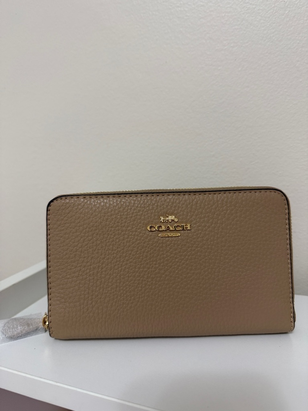 Coach Pebbled Leather Zip Wallet in Taupe with Gold Logo
